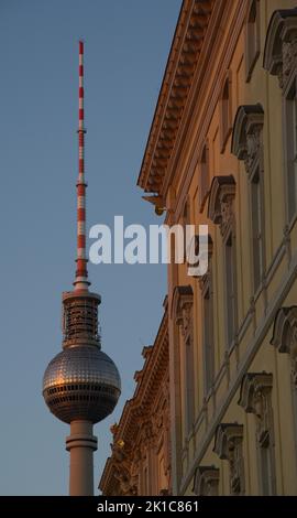 Detail of the new Berlin City Palace, in the background its TV tower, Mitte district, Berlin, Germany Stock Photo