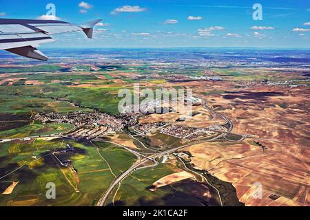 Aerial view, small town and fields near Madrid, Spain Stock Photo