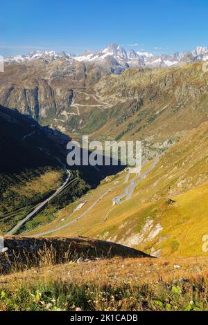 View from Furka Pass to the Bernese Alps with Grimsel Pass, Uri Alps, Valais, Switzerland, Furka Pass, Valais, Switzerland Stock Photo