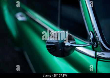 Classic car, vintage car, rear view mirror, Chevrolet Bel Air 1951 hardtop coupe, mint green metallic business copy, Sasbachwalden Stock Photo