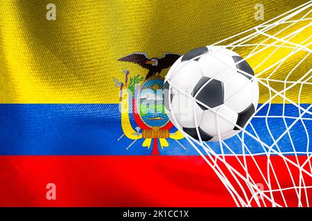 FIFA World Cup 2022, Ecuador National flag with a soccer ball in net, Qatar 2022 Wallpaper, 3D work and 3D image. Yerevan, Armenia - 2022 September 16 Stock Photo