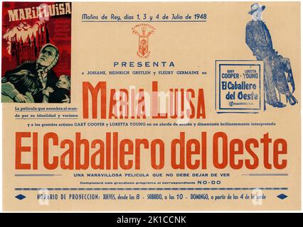España. Molins de Rey. Cartel de programación de películas María Luisa y El caballero del Oeste, en Molins de Rey. Junio de 1948. Stock Photo