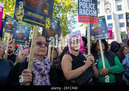 New Scotland Yard, London, England, UK Saturday 17 September 2022 National day of action organised by, We Stand United For Black Lives, Seeking Justice for Chris Kaba, the young black man fatally shot by a police officer on the 5th September 2022. Credit: Denise Laura Baker/Alamy Live News Stock Photo