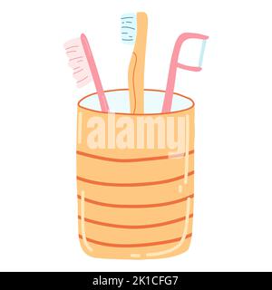 Hand drawn glass with toothbrushes in cartoon flat style. Vector illustration of dental supplies, dental care concept, oral hygiene. Stock Vector