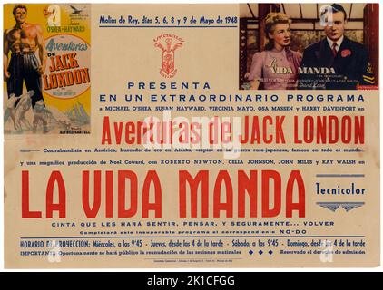 España. Molins de Rey. Cartel de programación de películas Aventuras de Jack London y La vida manda, en Molins de Rey. Mayo de 1948. Stock Photo