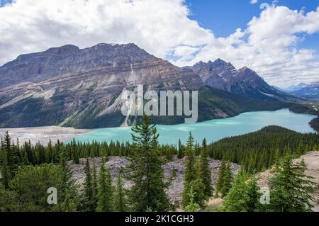 Panoramic view of the emerald green Peyto Lake in Banff National Park in the Canadian Rocky Mountains. Stock Photo