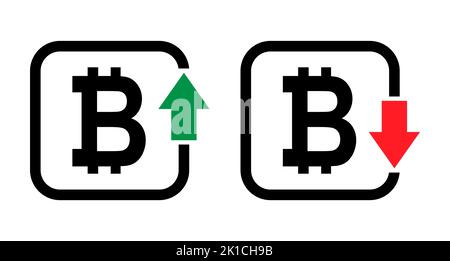 Set of cost symbol bitcoin increase and decrease icon. Money vector symbol isolated on background . Stock Vector