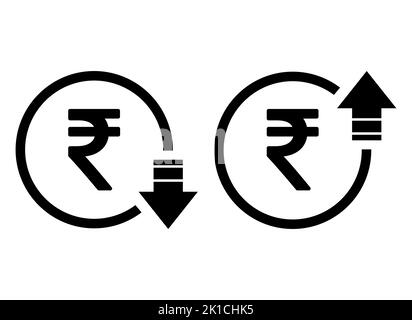 Set of cost symbol rupee increase and decrease icon. Money vector symbol isolated on background . Stock Vector