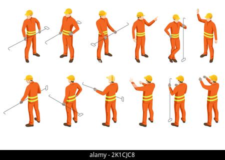 Isometric Group of workers in a foundry, melting furnace. Different postures of workers, Hot steel pouring in steel plant. Stock Vector