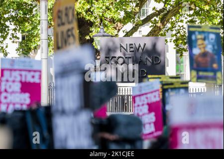 London, UK. 17th Sep, 2022. A protest outside New Scotland Yard over the shooting, by the Met Police, of Chris Kaba. They demanded justice for himn and his family. Credit: Guy Bell/Alamy Live News Stock Photo