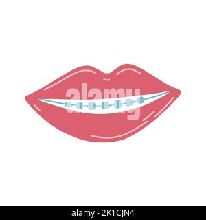 Hand drawn lips with teeth and braces in cartoon flat style. Vector illustration of orthodontic healthcare concept, oral hygiene for stickers, web Stock Vector