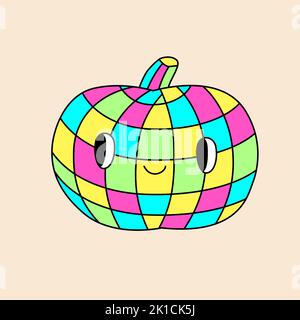 Pumpkin disco ball. Hippie halloween retro style illustration for 31th October Stock Vector