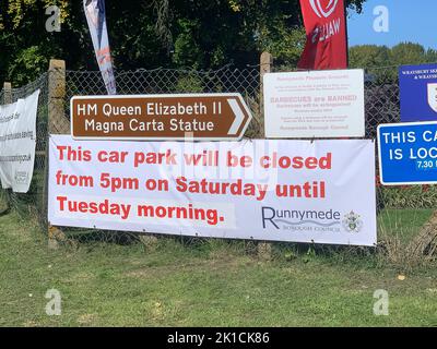 Runnymede, Surrey, UK. 17th September, 2022. The Runnymede Pleasure Ground car park is closed from this evening until Tuesday morning due to the Royal Funeral. Credit: Maureen McLean/Alamy Live News Stock Photo