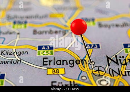 Erlangen map. Close up of Erlangen map with red pin. Map with red pin point of Erlangen in Germany. Stock Photo