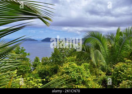 Jaco beach, ocean, city and views, Costa Rica from El Miro Ruins, mansion declared biological corridor, Summer 2022, Central America. Stock Photo