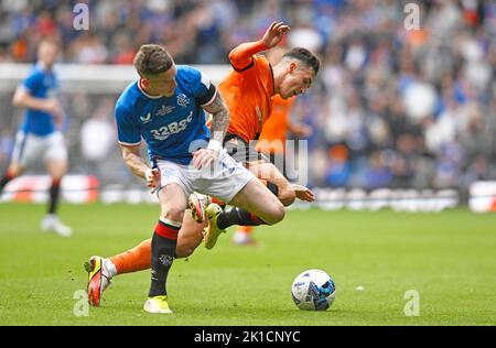 Glasgow, UK. 17th September 2022.   Ryan Kent of Rangers and Jamie McGrath of Dundee Utdduring the cinch Premiership match at Ibrox Stadium, Glasgow. Picture credit should read: Neil Hanna / Sportimage Stock Photo