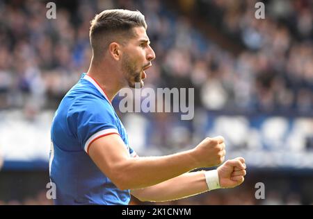 Glasgow, UK. 17th September 2022.   Antonio Colak of Rangers scores his and Rangers second goal  during the cinch Premiership match at Ibrox Stadium, Glasgow. Picture credit should read: Neil Hanna / Sportimage Stock Photo