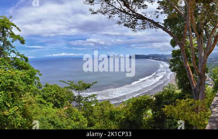 Jaco beach, ocean, city and views, Costa Rica from El Miro Ruins, mansion declared biological corridor, Summer 2022, Central America. Stock Photo