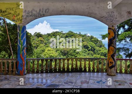 Jaco beach, ocean, city and views, Costa Rica from El Miro Ruins, mansion declared biological corridor, Summer 2022, Central America. Stock Photo