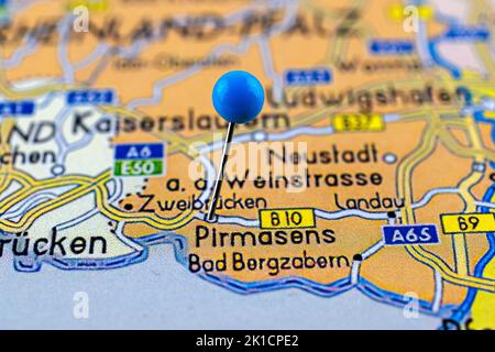 Pirmasens map. Close up of Pirmasens map with red pin. Map with red pin ...