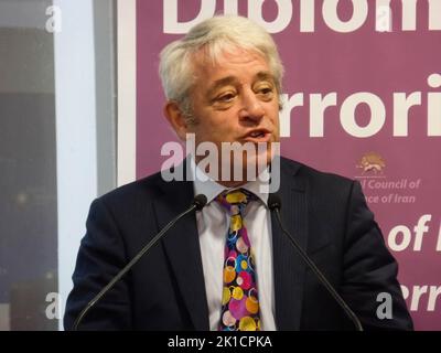 Brussels, Belgium. 16th Sep, 2022. Former Speaker of the British House of Commons John Bercow speaks during the conference. The National Council of Resistance of Iran (NCRI) revealed a new book 'Diplomatic Terrorism, Anatomy of Iran's State Terror' that brings to light the details of a foiled bombing plot by the Iranian regime that has become the centre of a global dispute. (Photo by Siavosh Hosseini/SOPA Images/Sipa USA) Credit: Sipa USA/Alamy Live News Stock Photo