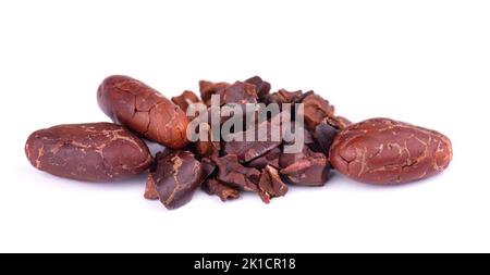 Peeled cacao beans, isolated on white background. Roasted and aromatic cocoa beans, natural chocolate Stock Photo