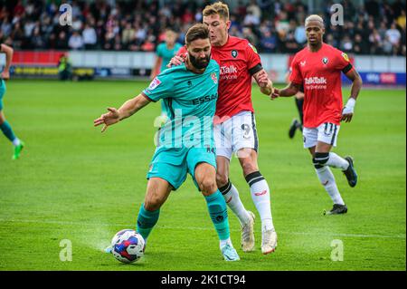 Callum Hendry of Salford City is tackled by Jordan Turnbull of Tranmere Rovers during the Sky Bet League 2 match between Salford City and Tranmere Rovers at Moor Lane, Salford on Saturday 17th September 2022. Stock Photo