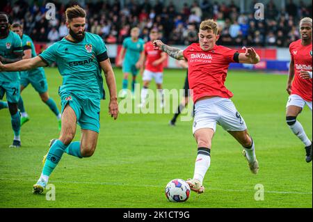 Callum Hendry of Salford City is tackled by Jordan Turnbull of Tranmere Rovers during the Sky Bet League 2 match between Salford City and Tranmere Rovers at Moor Lane, Salford on Saturday 17th September 2022. Stock Photo