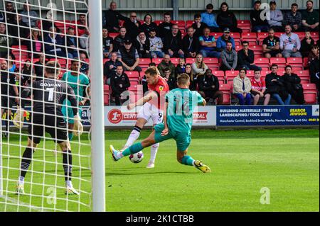 Jordan Turnbull of Tranmere Rovers blocks a shot by Callum Hendry of Salford City during the Sky Bet League 2 match between Salford City and Tranmere Rovers at Moor Lane, Salford on Saturday 17th September 2022. Stock Photo
