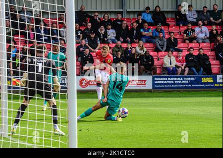 Jordan Turnbull of Tranmere Rovers blocks a shot by Callum Hendry of Salford City during the Sky Bet League 2 match between Salford City and Tranmere Rovers at Moor Lane, Salford on Saturday 17th September 2022. Stock Photo
