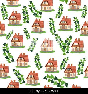 Seamless pattern with houses and ivy branches, plants, English old house, Scandinavian traditions. Stock Vector