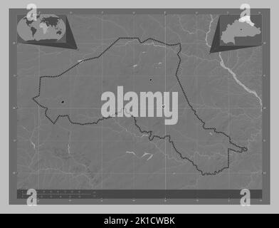 Sahel, region of Burkina Faso. Grayscale elevation map with lakes and rivers. Locations of major cities of the region. Corner auxiliary location maps Stock Photo