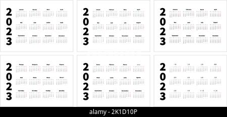 Set of 2023 year simple horizontal a4 size calendars in english, spanish, russian, french, chinese and german languages, typographic calendar isolated Stock Vector