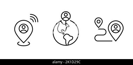 Set of map pointers showing personal device location. Pin on Earth globe and path tracking. Pixel perfect line icons Stock Vector