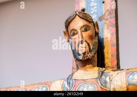 Anonymous Catalan, Majesty of Christ on the cross, Carved and polychrome wood, Late 12th century, Museo de Bellas Artes, Bilbao, Spain. Stock Photo