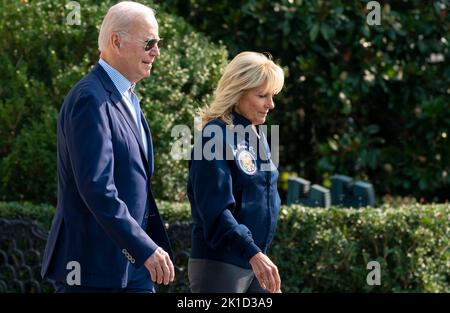 United States President Joe Biden and first lady Dr. Jill Biden depart the White House in Washington, DC en route to Joint Base Andrews on Saturday, September 18, 2022. The president and first lady will then depart for London, England and on Monday will attend the State Funeral of Her Majesty Queen Elizabeth II.Credit: Leigh Vogel/Pool via CNP /MediaPunch Stock Photo
