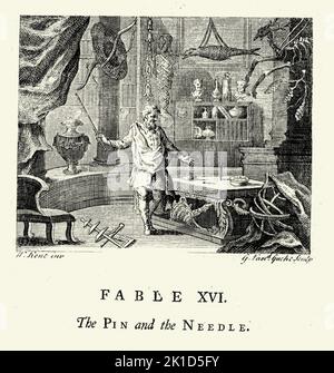 Vintage engraving The Pin and the Needle, From the Fables of John Gay 18th Century Stock Photo