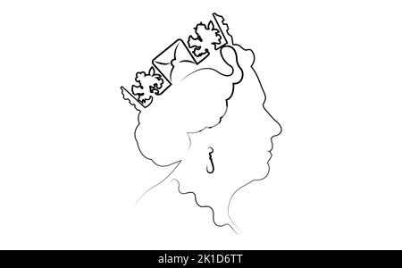 side profile of Queen Elizabeth. The Queen's in line art portrait, vector illustration isolated on white background Stock Vector