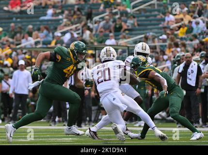 Waco, Texas, USA. 17th Sep, 2022. Baylor Bears linebacker Brooks Miller (41) goes to tackle Texas State Bobcats running back Josh Berry (20) during the 2nd half of the NCAA Football game between the Texas State Bobcats and Baylor Bears at McLane Stadium in Waco, Texas. Matthew Lynch/CSM/Alamy Live News Stock Photo