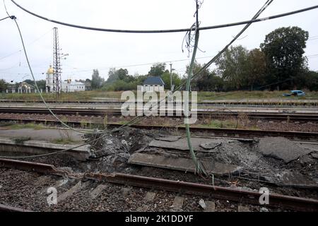 KOZACHA LOPAN, UKRAINE - SEPTEMBER 16, 2022 - Destroyed railway tracks are pictured at the railway station in Kozacha Lopan urban-type settlement afte Stock Photo