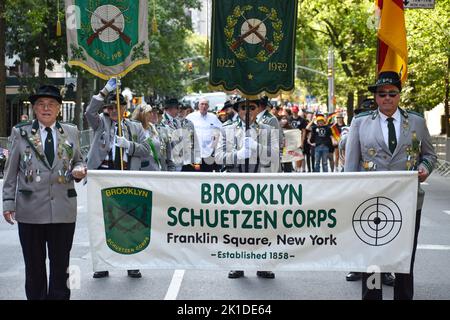 New York, United States. 17th Sep, 2022. Brooklyn Schuetzen Corps members are seen marching on Fifth Ave in New York City during the annual Steuben Day Parade on Sept 17, 2022. (Photo by Ryan Rahman/Pacific Press) Credit: Pacific Press Media Production Corp./Alamy Live News Stock Photo
