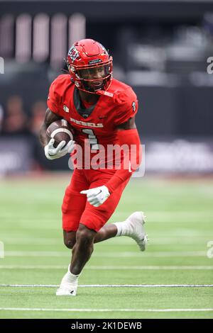 September 17, 2022: UNLV Rebels wide receiver Kyle Williams (1) runs with the football during the 1st half of the NCAA football game featuring the North Texas Mean Green and the UNLV Rebels at Allegiant Stadium in Las Vegas, NV. UNLV Rebels lead the North Texas Mean Green at halftime 23 to 20. Christopher Trim/CSM. Stock Photo