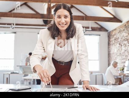 Architecture, young woman and designer planning, drawing and drafting blueprint, construction project and property building in startup agency Stock Photo