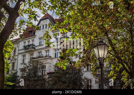 Wilhelmine architecture seen through trees in the Berliner district of Prenzlauer Berg during summer 2022, Berlin, Germany, Europe Stock Photo