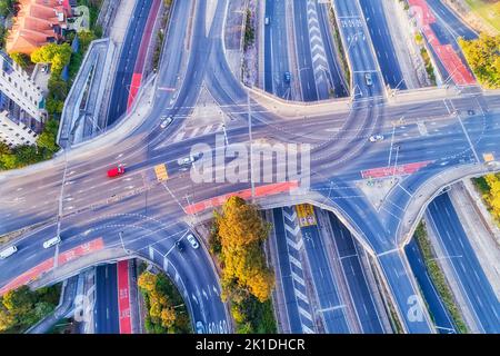 Warringah freeway multi-lane motorway in Sydney North Sydney - aerial top down of intersection with Falcon street and traffic lights. Stock Photo