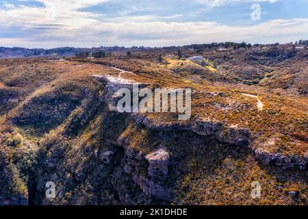 Scenic elevated Lincoln Rock lookout in Wentworth falls Blue Mountains town of Australia. Stock Photo
