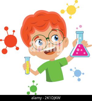 cute boy doing experiment examining cells in science lesson Stock Vector