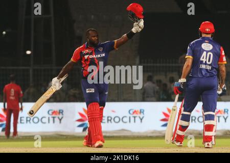 Kolkata, West Bengal, India. 17th Sep, 2022. India Capitals' player and former West Indies cricketer Ashley Nurse celebrates after scoring a century (100 runs) during the first match of the Legend League Cricket 2022 between the India Capitals and Gujarat Giants at the Eden Gardens in Kolkata on September 17, 2022. (Credit Image: © Dipa Chakraborty/Pacific Press via ZUMA Press Wire) Stock Photo