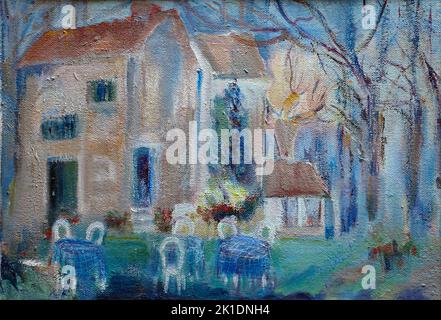 AJAXNETPHOTO. 1985. PRIVETT, ENGLAND. - T.G. EASTLAND ART - THE OLD CAFE, FRANCE, PAINTED BY T.G.EASTLAND; ACRYLIC ON CANVAS BOARD. 20TH CENTURY IMPRESSIONIST STYLE WORK DATED ABOUT 1985. PAINTING UNSIGNED. TITLE VERSO. PHOTO:© IN THIS DIGITAL COPY OF THE ORIGINAL WORK/AJAX NEWS & FEATURE SERVICE. © IN ORIGINAL WORK; T.G.EASTLAND. SOURCE: PRIVATE COLLECTION. REF:GX8 191003 26 Stock Photo