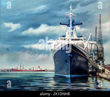 AJAXNETPHOTO. 2005. SOUTHAMPTON, ENGLAND. - EX-FRANCE - NORWEGIAN CRUISE LINES S.S.NORWAY (EX-FRENCH LINES S.S.FRANCE), MOORED AT WESTERN DOCKS ON ARRIVAL DURING MAIDEN VOYAGE AFTER CONVERSION AND REFIT TO CRUISE LINER.ILLUSTRATION:ORIGINAL ARTWORK/OIL ON CANVAS BY CAROLINE BEAUMONT PHOTO:AJAX NEWS & FEATURE SERVICE REF:D52207 0290 2 Stock Photo